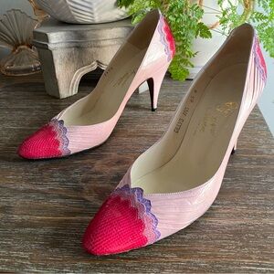 Vintage Pretty Pink Rosina‎ Ferragamo Snakeskin Heels Pumps Womens 6.5 N Pink